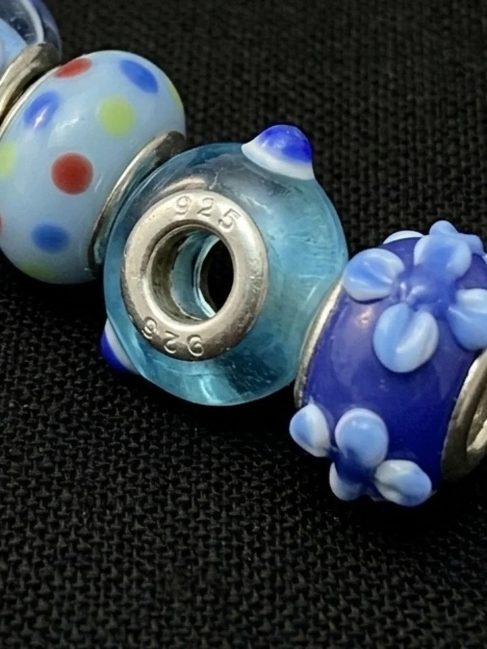 5 Blue Lampwork Glass European Charm Beads .925 Silver Core Floral Dot - Picture 2 of 2